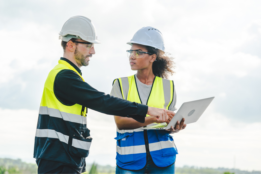 Two individuals in hard hats examining a tablet together at a construction site.