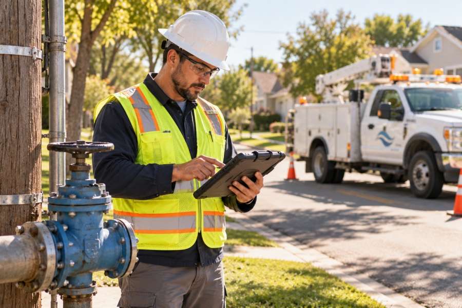 Utility field worker using mobile GIS on a tablet to review the network map beside a distribution pole Utility field worker using mobile GIS on a tablet to review the network map beside a distribution pole
