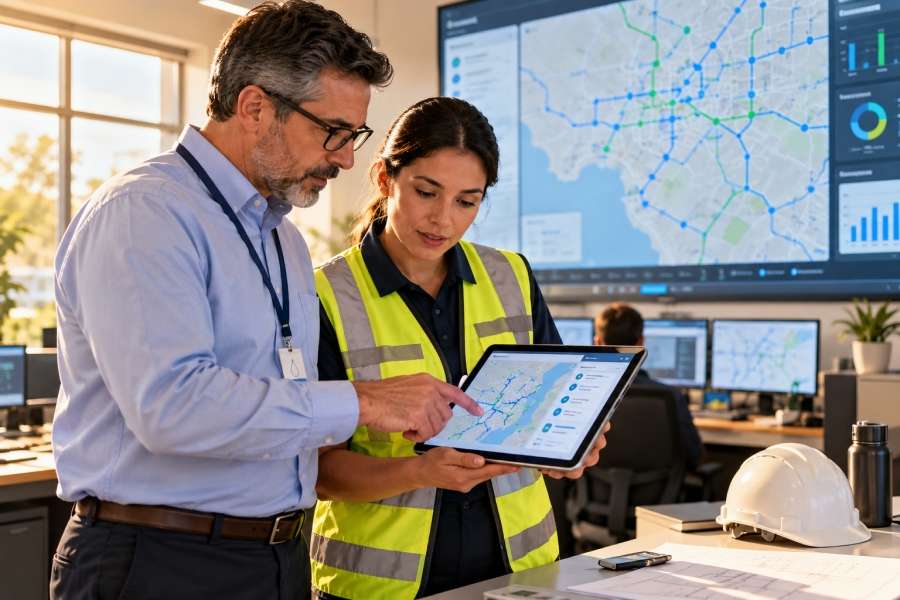 Utility leaders reviewing a utility digital transformation roadmap on a tablet in a municipal operations office