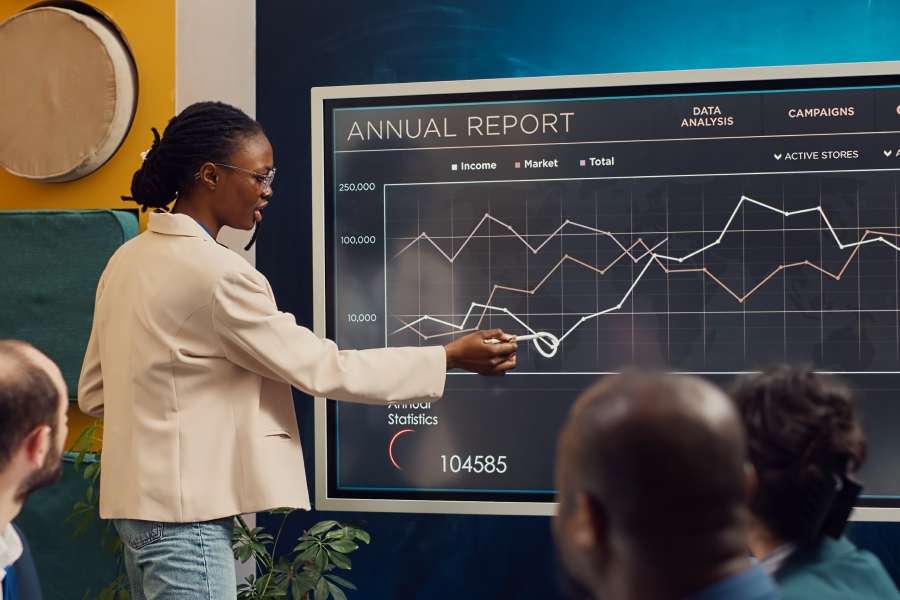 municipal finance director presenting rate case budget charts to a utility board and city council Municipal utility staff presenting rate case budget data using rate case software reports